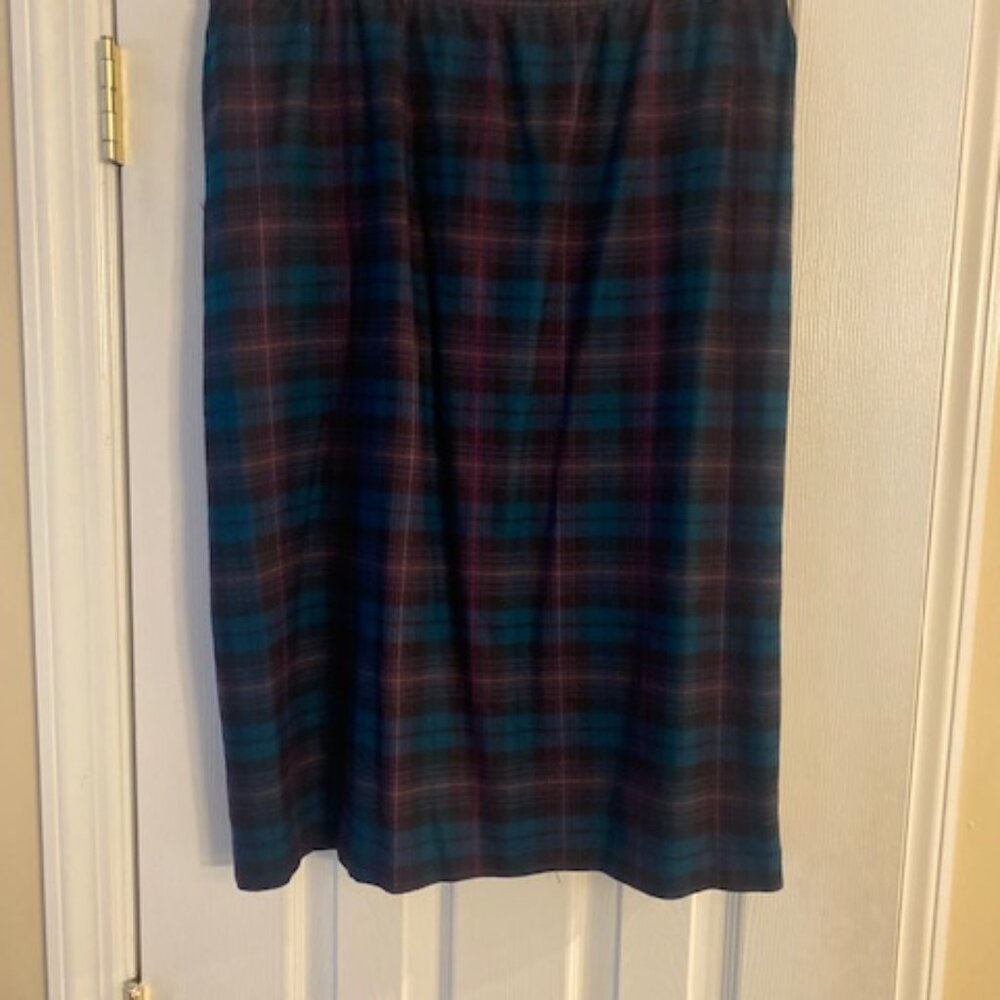 Vintage Women's Wool Plaid Lined Pockets Elastic waist Skirt USA Made Size 14
